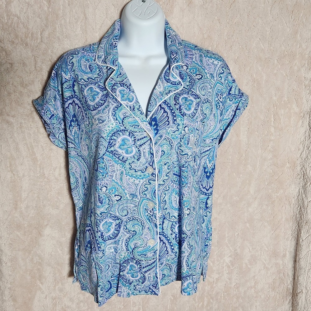 Lauren Ralph Lauren Womens Medium Pajama Top Blue Paisley Short Sleeve LN91784